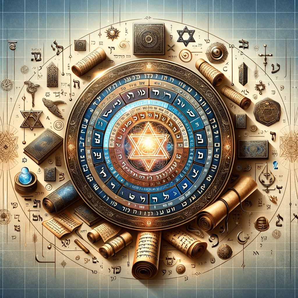 Featured image showcasing symbolic elements of Gematria code, including the Hebrew alphabet with numerical values, ancient scrolls, and Kabbalistic symbols