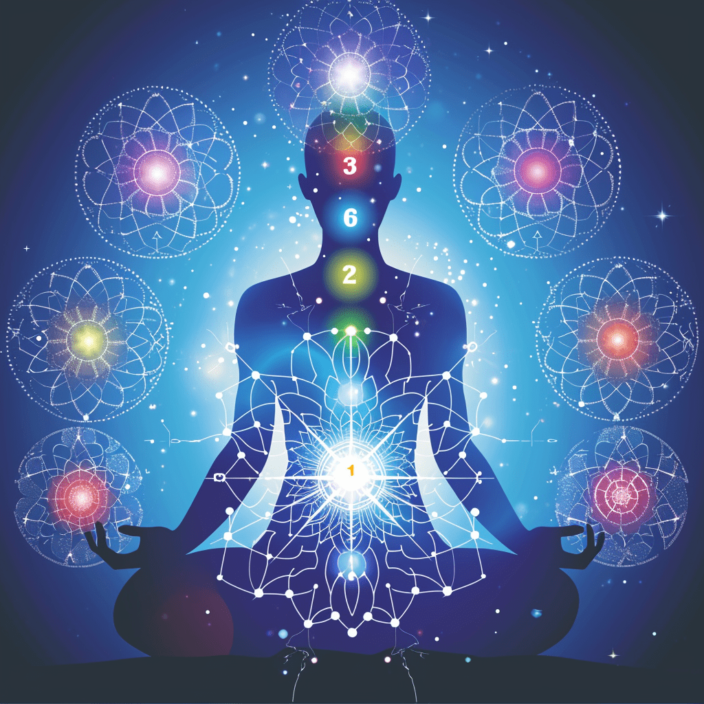 Tantric Numerology -Illustration of a human silhouette in meditation with seven numbered chakras interconnected by geometric patterns against a tranquil blue cosmic background