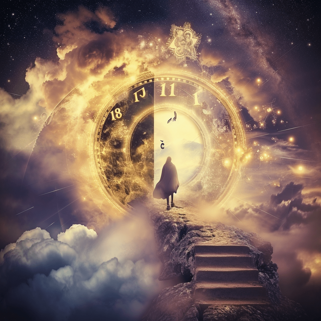 A solitary figure stands before a colossal, ornate clock portal with Roman numerals, set against a vivid cosmic backdrop with stars and nebulae, symbolizing the concept of a Life Path Number